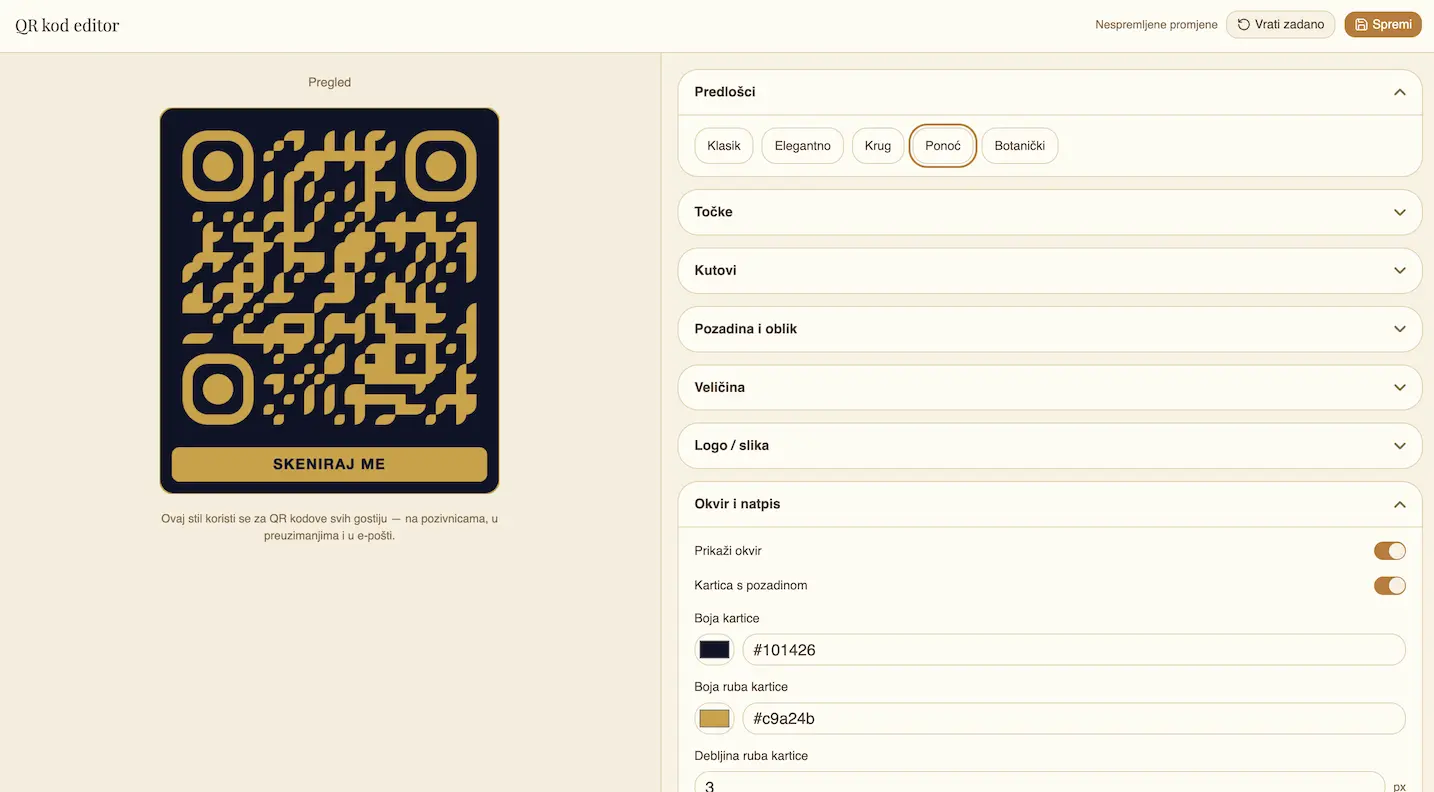 QR studio interface with color customization and a QR table card